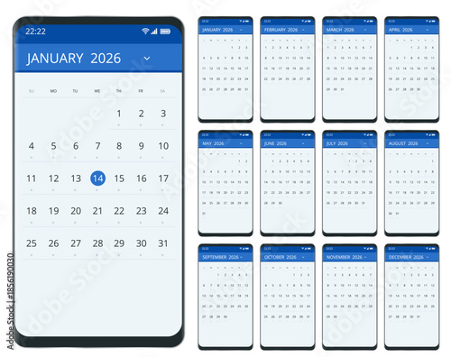Calendar planner for 2026. 2026 calendar design, set of 12 months. Elegant yearly planner layout for business, corporate documents, reports and modern scheduling systems.