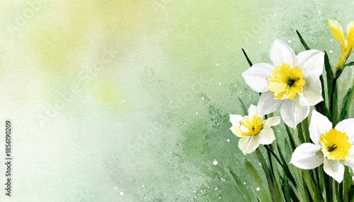 Watercolor painting displays bright white and yellow spring blossoms against a soft green backdrop
