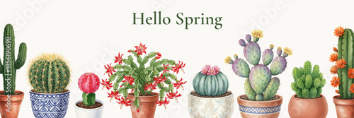 Watercolor cactus garden border with Hello Spring text