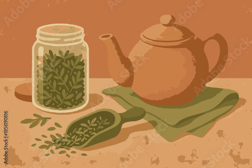 Tea icon negative teapot terracotta rustic no letters essentials herbal flat jar