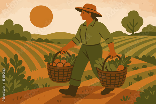 No vector harvested forms scene cream icon letters harvesting sunset warm style