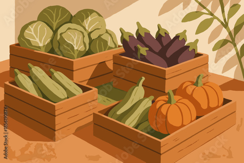 Vector crates casting market vibrant terracotta no warm grain icon textured vegetable