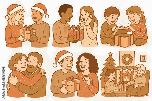 Christmas cozy background people living laughter no gift icon unified presents exchange