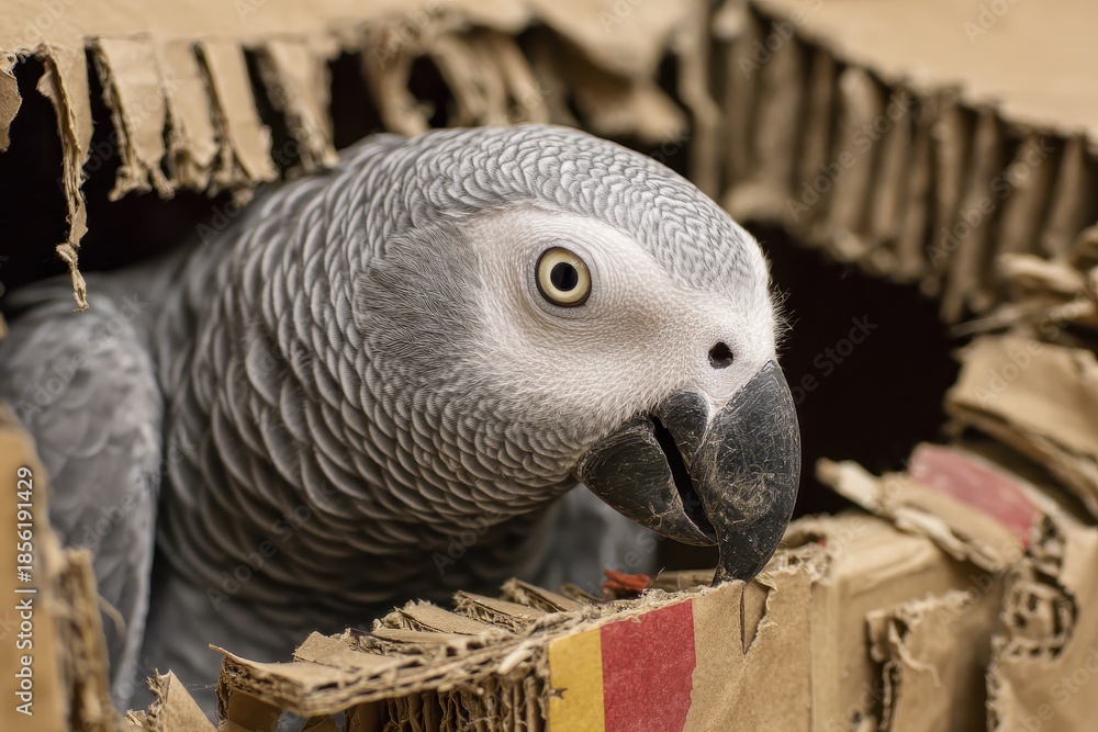 Obraz premium African Grey Parrot Joyfully Chewing Cardboard Box, Engaging in Nest-Making Fun