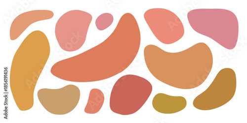 Set of organic abstract spots with ergonomic boho shapes. Contemporary art for decor, banners, brochures, covers, wallpaper, cards, and posters. Multicolored spots create a whimsical design. 