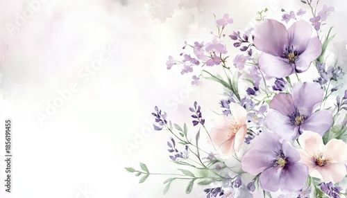 Delicate watercolor floral arrangement features soft lavender and pale pink blossoms against a bright background