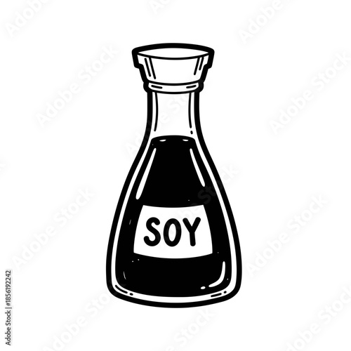 Black soy sauce in a glass laboratory flask with a label.