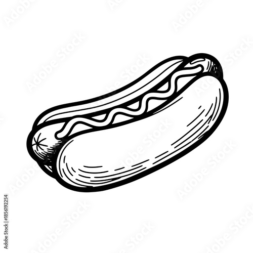 Black and white illustration of a hot dog in a bun.