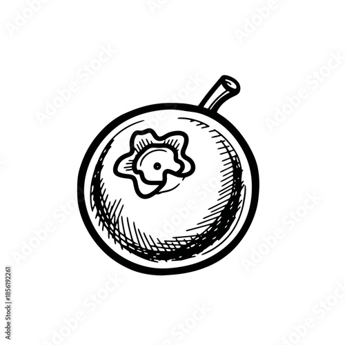 Black and white sketch of a frying pan with a fish inside.