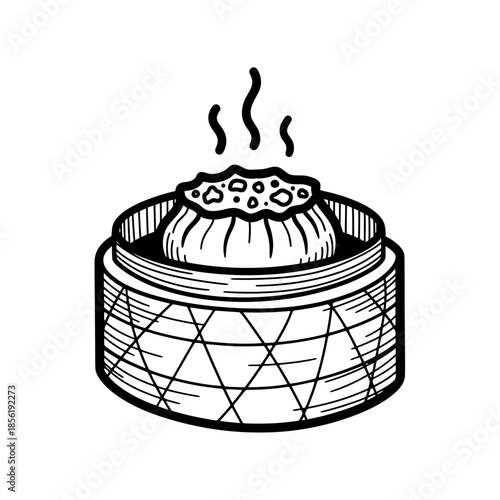 Steaming hot dumpling in a bamboo steamer basket.