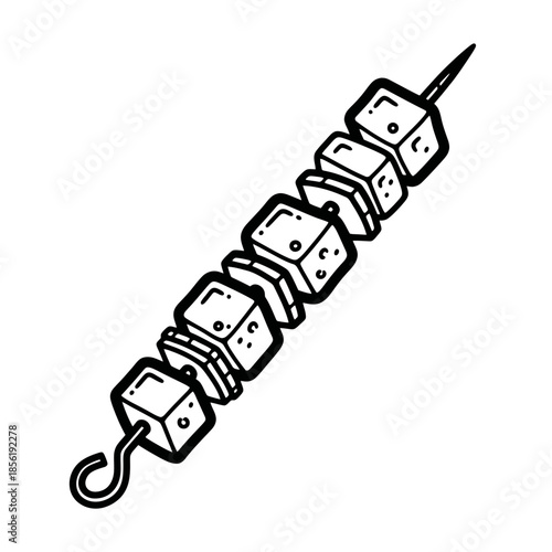 Black and white illustration of a skewer with tofu or cheese cubes.