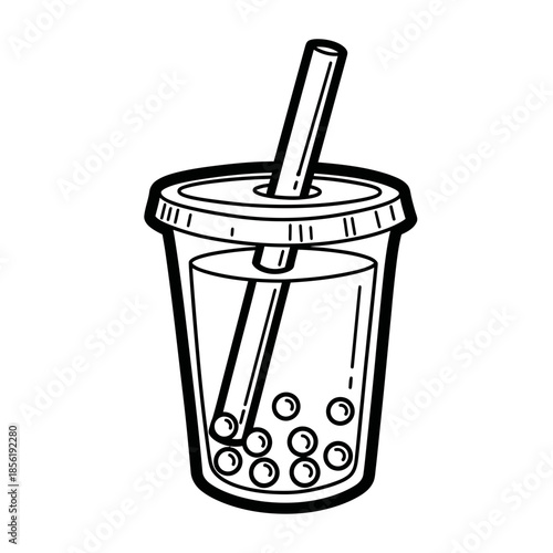 Black and white illustration of a bubble tea cup with straw.