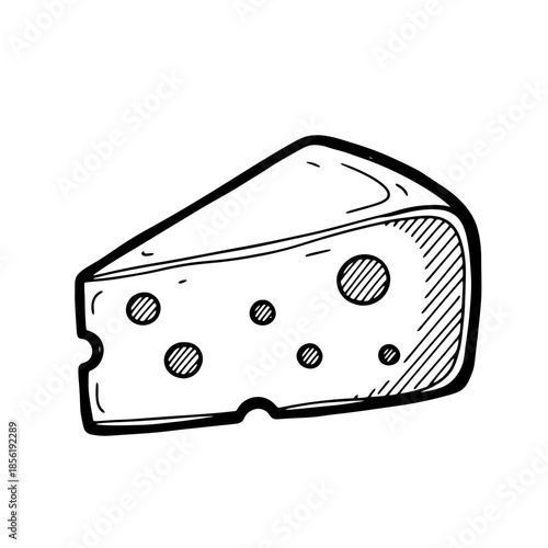 A simple black and white illustration of a wedge of cheese with holes.