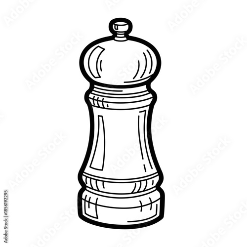 Black and white illustration of a pepper grinder on white background.