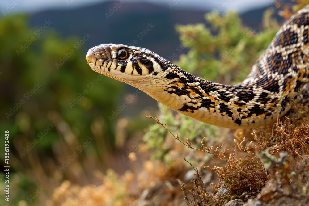 Fototapeta premium Majestic Pacific Gopher Snake Ready to Strike in Beautiful Monterey Hills of California
