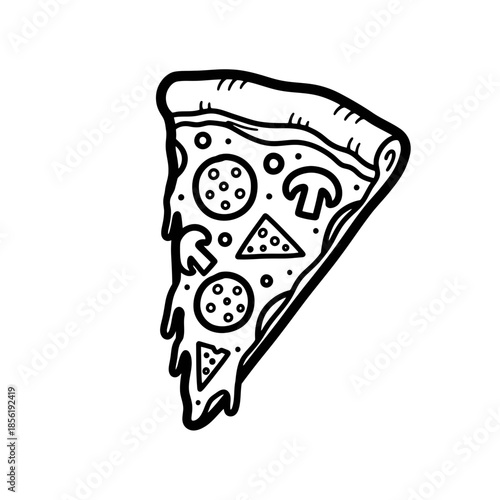 A simple black and white line drawing of a slice of pizza with various toppings.