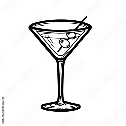 Black and white illustration of a martini glass with olives.