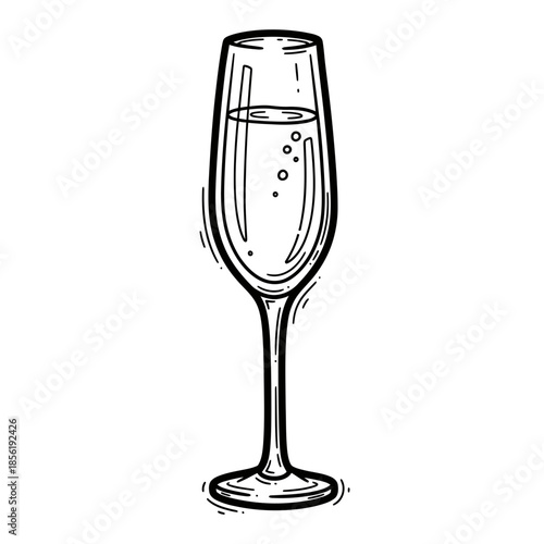 A simple black and white illustration of a champagne flute with bubbly drink.