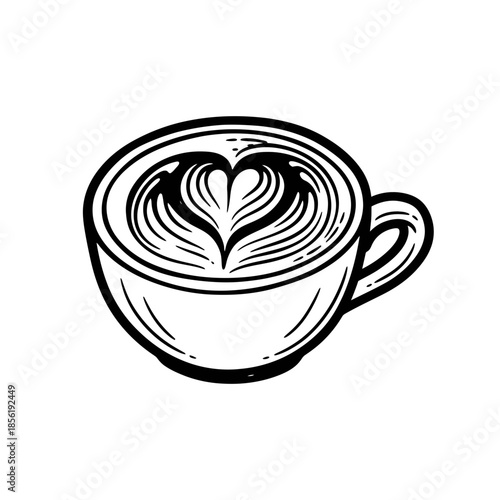 Black and white illustration of a coffee cup with heart shaped latte art.