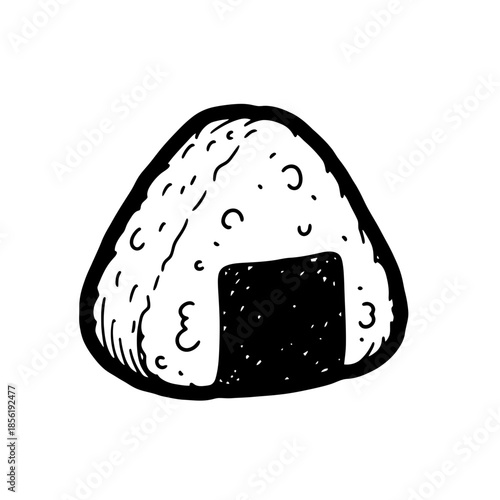 Hand drawn illustration of a Japanese onigiri rice ball with filling.