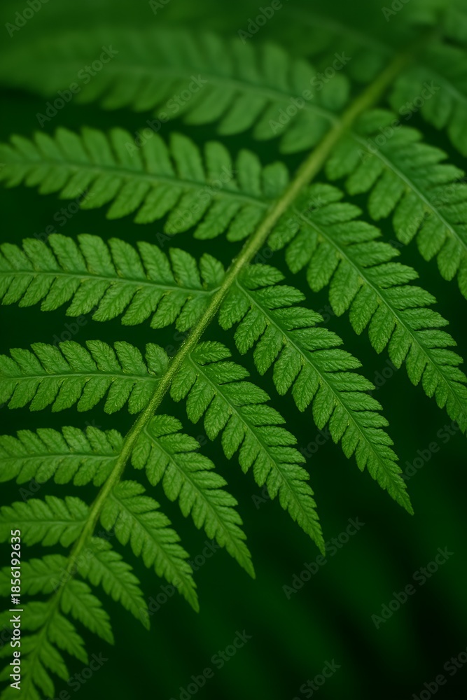 Fototapeta premium Vibrant green fern leaf frond close-up showing intricate natural patterns for organic growth concept and ecological vitality with copy space