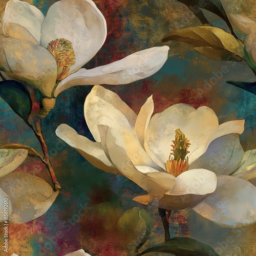 Magnolia blossom pattern with olive leaves and white petals, blue background illustration.
