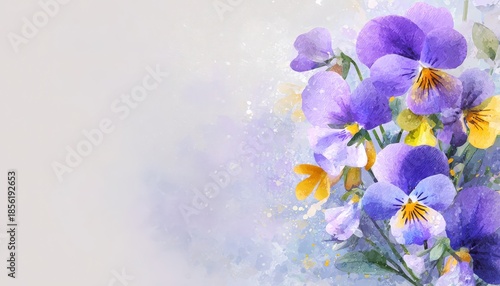 Watercolor painting depicts a vibrant cluster of purple and yellow blossoms on the right side against a pale backdrop