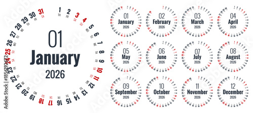 Calendar planner for 2026. 2026 calendar design, set of 12 months. Elegant yearly planner layout for business, corporate documents, reports and modern scheduling systems.
