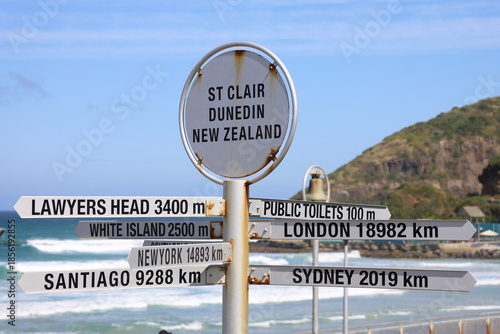 town sign from St Clair beach in Dunedin, New Zealand