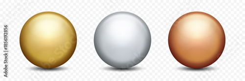 Chrome Glass Balls Vector Set – Realistic Gold Silver and Bronze Metallic Spheres, 3D Shiny Orbs with Reflection and Shadow, Isolated Jewelry Gemstone Design Elements