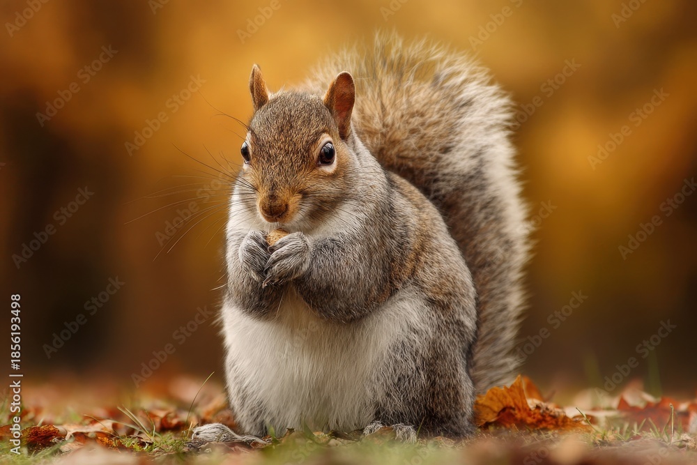 Obraz premium Ravenous Adult Western Grey Squirrel foraging on the ground amidst Autumn Leaves in Issaquah, Washington State