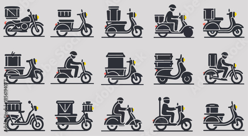 Set of Delivery Courier Scooter Motorcycle Transport Icons | Food delivery man icon set