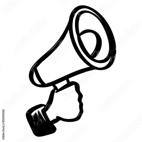 Hand holding megaphone doodle illustration, black ink sketch of loudspeaker isolated on white background.