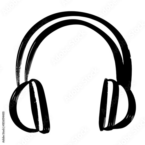 Hand drawn sketch of headphones icon, isolated black ink brush stroke illustration on white background.