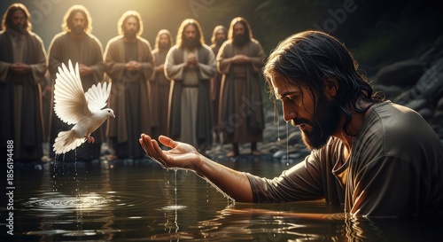 Jesus Christ receives baptism in the River Jordan, a white dove descends, surrounded by followers, sacred moment, divine light illuminates the water.