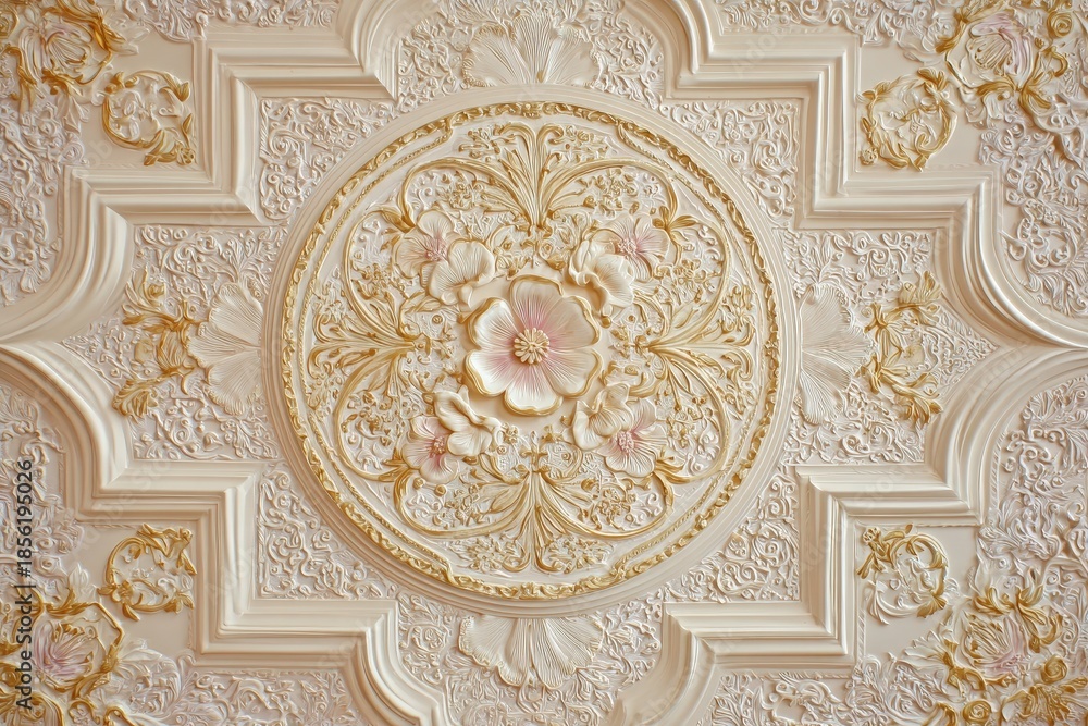 Obraz premium Intricate classical ceiling panel features detailed floral plaster ornamentation with subtle gold accents