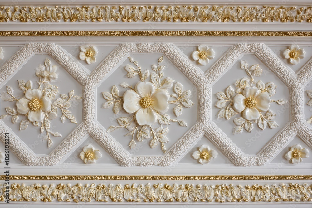Obraz premium Elaborate white and gold decorative panel features repeating floral plaster moldings