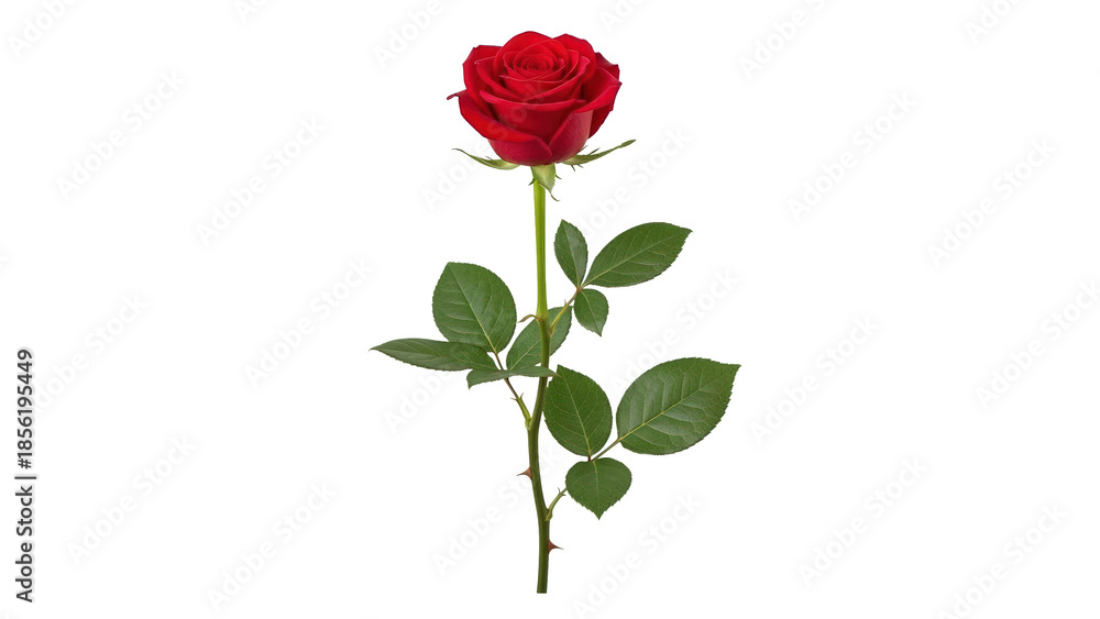 Obraz premium Single stem of a vibrant red rose with green leaves, isolated on transparent background