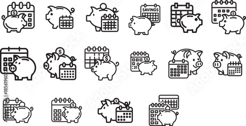 Black line icons of piggy banks and calendars for finance concepts