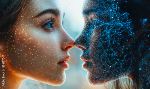 Close-up of human face and futuristic digital face made of blue network connections symbolizing artificial intelligence interaction and human technology relationship concept