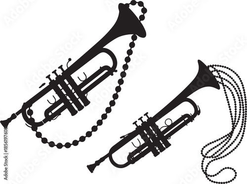 Mardi gras trumpet silhouette with celebration beads