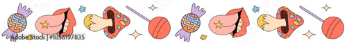 Groovy retro cartoon border elements with colorful candy and funky lips create a seamless pop effect pattern. Vibrant y2k inspired pattern gives a playful border with bold character and fun style for