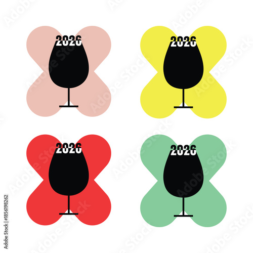 Four colorful wine glasses with year 2026 celebration icons