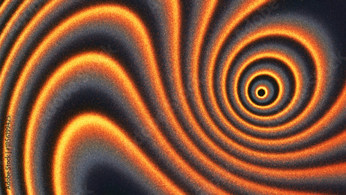 Flowing swirling curved gradient waves with luminous orange spiral core created from thousands of individual dots. Glowing orange concentric waves flowing through dark space for modern design project