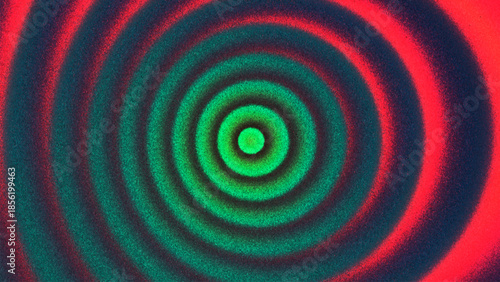 Concentric wave gradient with vibrant green red colors forming hypnotic circular ripples created from thousands of individual dots. Layered circular gradients combined with film grain texture. Vector