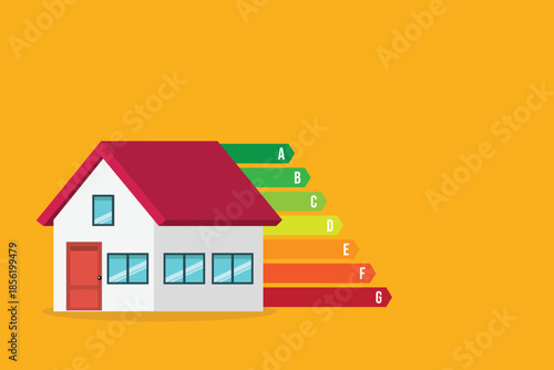 House energy efficient concept with color classification graph sign, home energy efficiency rating. EPS10 vector illustration.	