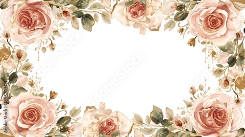 Luxury watercolor floral frame with soft blush pink, dusty rose, and champagne beige flowers, elegant roses and delicate blossoms with realistic layered petals