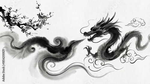 Traditional Chinese Ink Dragon Illustration with Plum Blossom Elegant blacka traditional Chinese dragon
