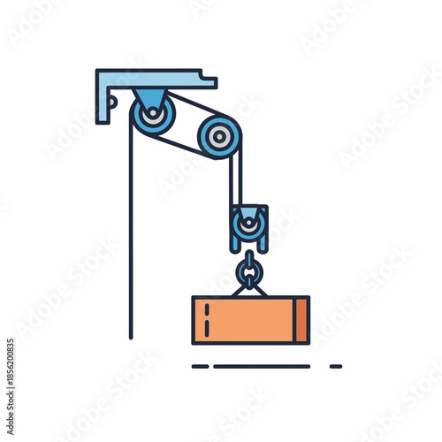 Pulley system lifting an orange rectangular object with chains.
