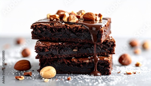 Stacked, rich chocolate brownies drizzled with sauce, nuts on top, light background